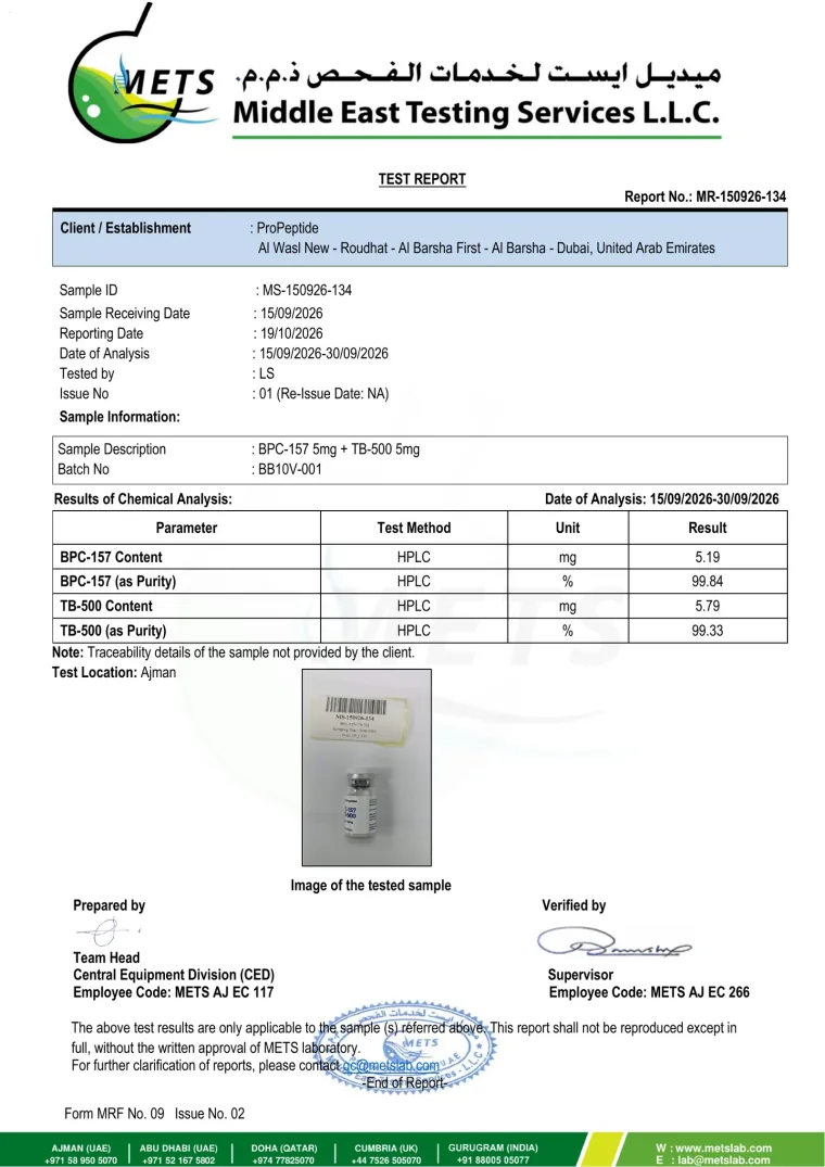 METS Lab test report, report MR-150926-134: HPLC purity & content, 2 peptides for ProPeptide BPC-157 + TB-500 Blend 10mg Vial, batch BB10V-001