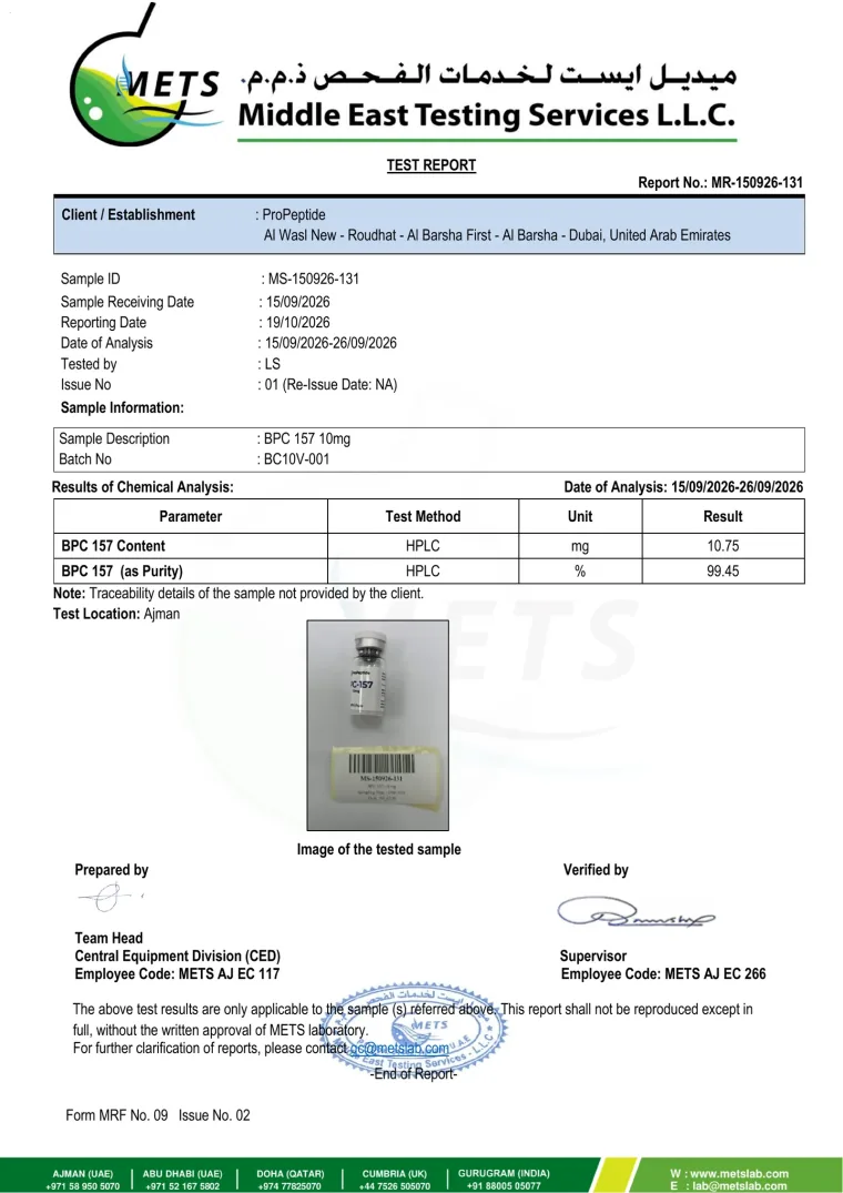 METS Lab test report, report MR-150926-131: HPLC purity & content for ProPeptide BPC-157 10mg Vial, batch BC10V-001