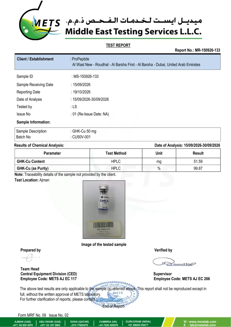 METS Lab test report, report MR-150926-133: HPLC purity & content for ProPeptide GHK-Cu 50mg Vial, batch CU50V-001