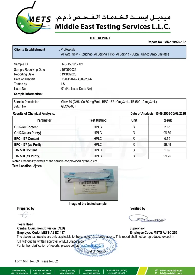 METS Lab test report, report MR-150926-127: HPLC purity & content, 3 peptides for ProPeptide GLOW 70mg Pen, batch GLOW-001