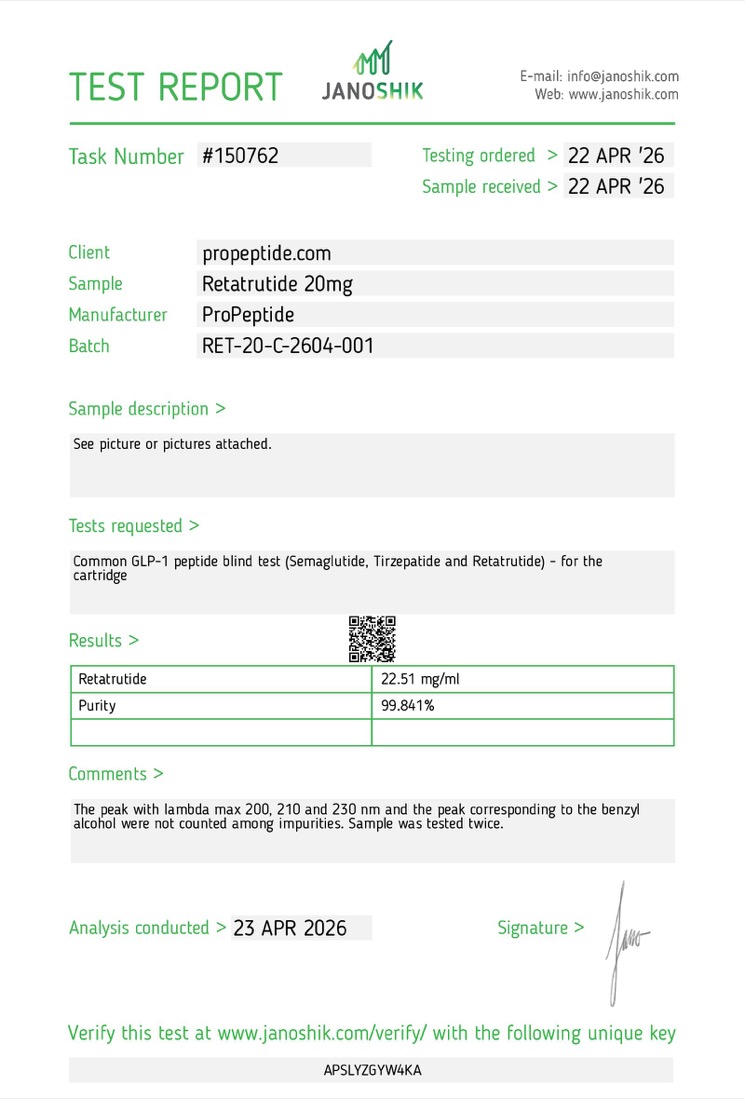 Janoshik Analytical COA for RET-20-C-2604-001 at 99.841% HPLC