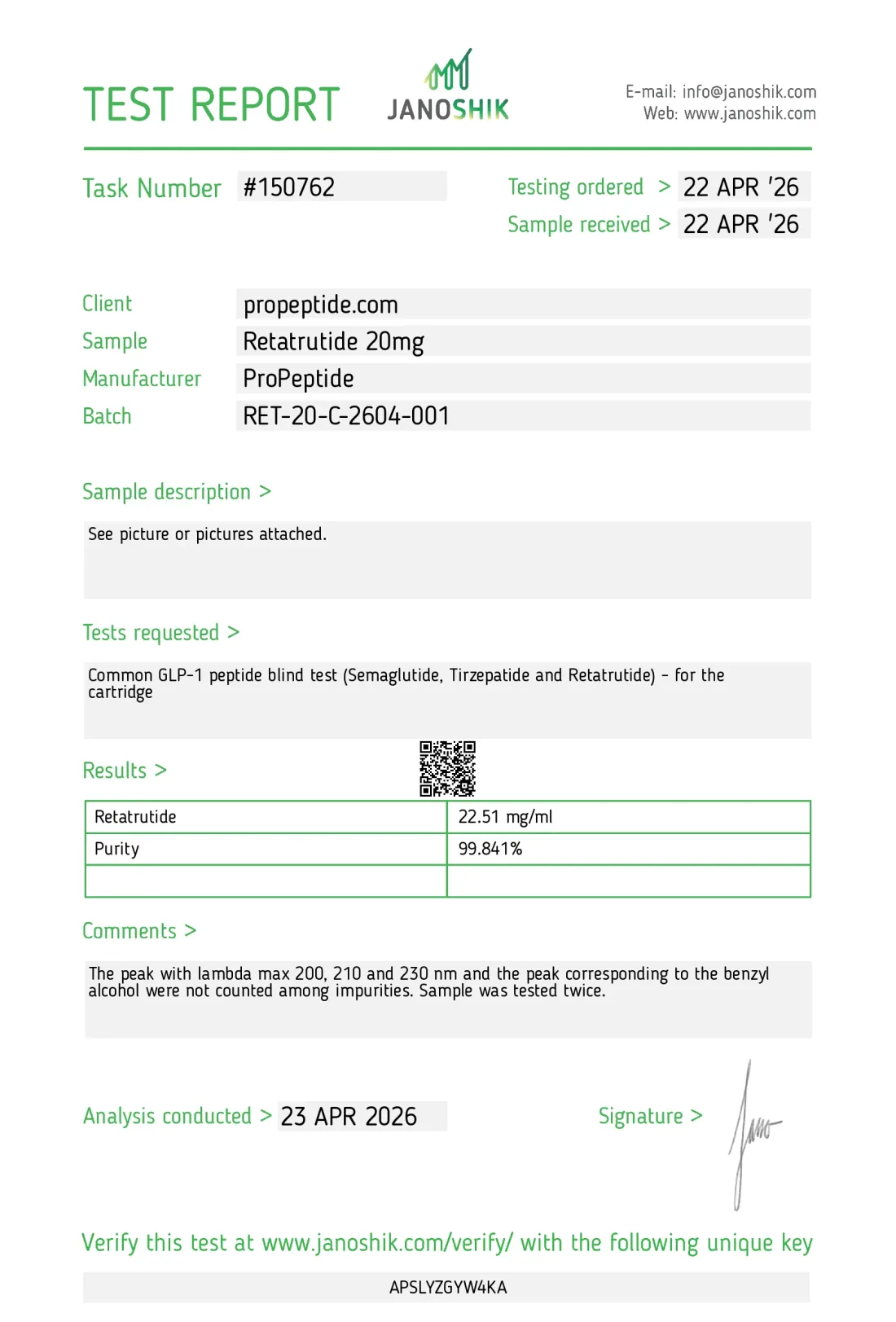 Janoshik Analytical Certificate of Analysis — Retatrutide 20mg Pen, batch RET-20-C-2604-001, 99.841% HPLC