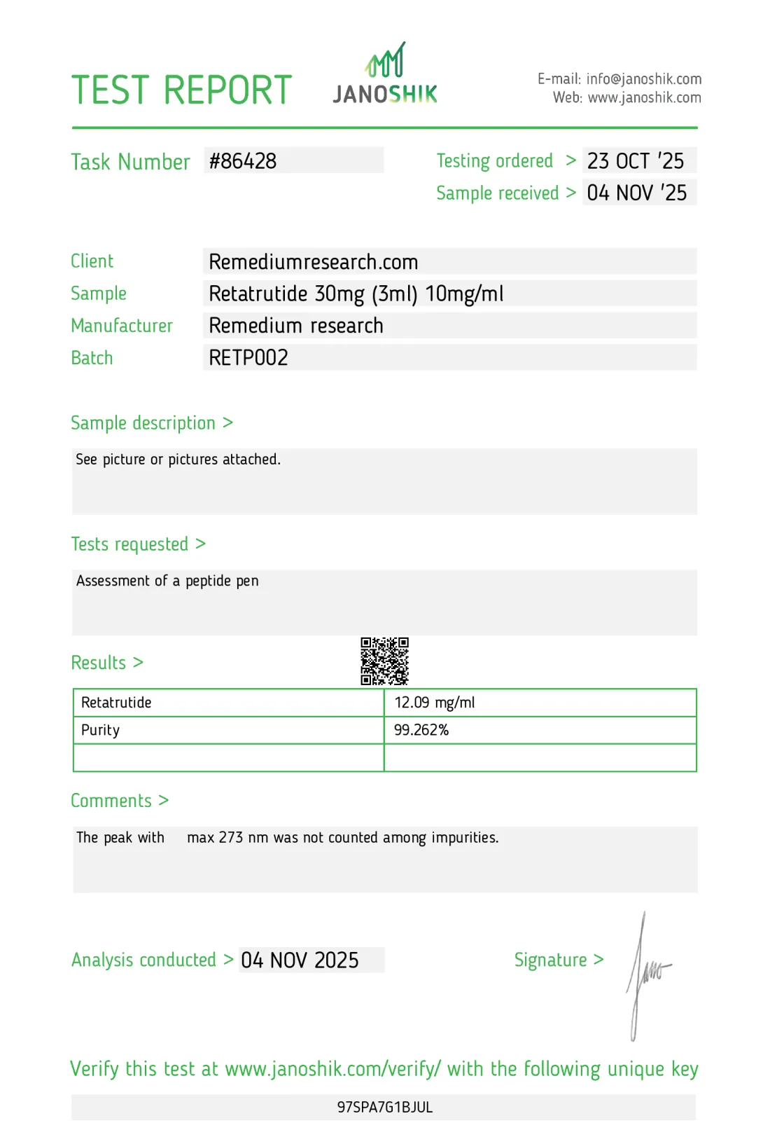 Certificate of Analysis &mdash; Janoshik Test Report for Retatrutide Batch RETP002 by Remy Research