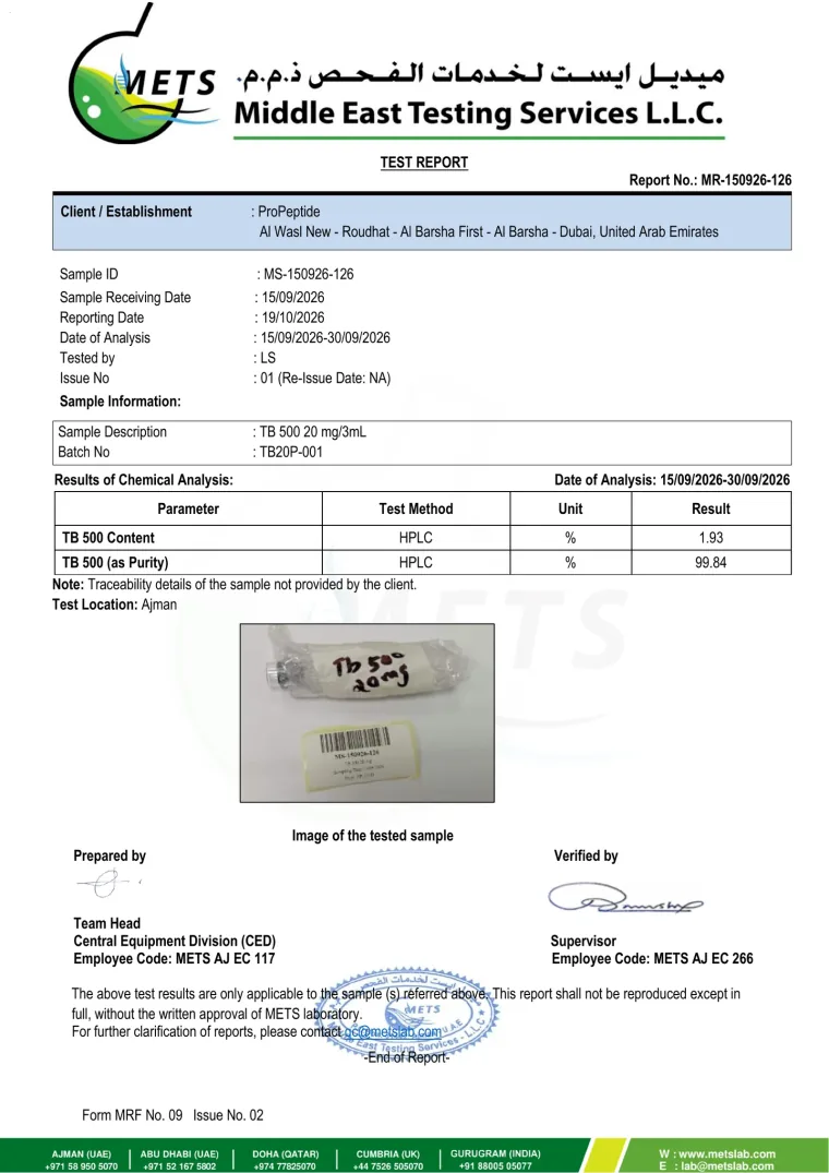METS Lab test report, report MR-150926-126: HPLC purity & content for ProPeptide TB-500 20mg Pen, batch TB20P-001