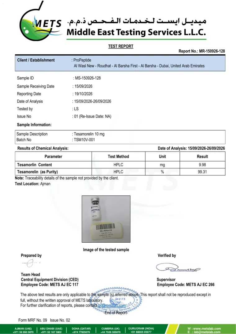 METS Lab test report, report MR-150926-128: HPLC purity & content for ProPeptide Tesamorelin 10mg Vial, batch TSM10V-001