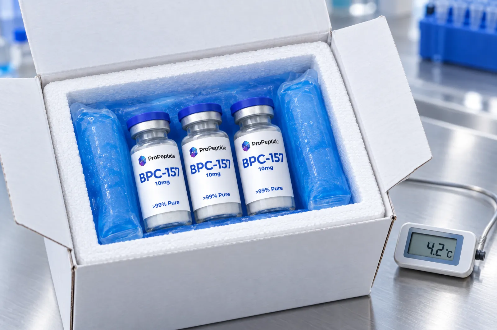 An insulated cold-chain shipping container is opened on a laboratory receiving bench, revealing gel ice packs inside, which are often used for transporting sensitive materials like peptides such as bpc 157, known for their potential in tissue repair and promoting angiogenesis. The setting emphasizes the importance of maintaining stable conditions for biological products in research and clinical practice.
