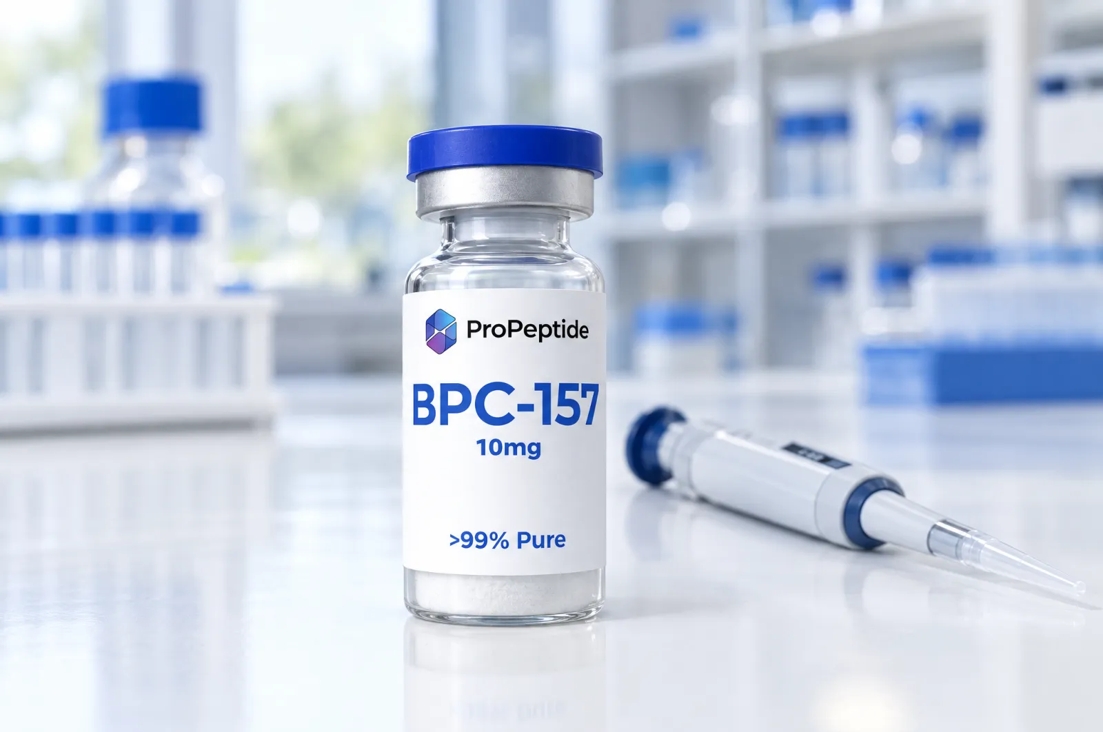 A sealed glass research vial containing a white lyophilized powder sits on a laboratory bench next to a micropipette, potentially representing a body protection compound like BPC 157, known for its therapeutic potential in tissue repair and wound healing. The setting suggests a focus on molecular medicine and alternative therapies for promoting healing and reducing inflammation.