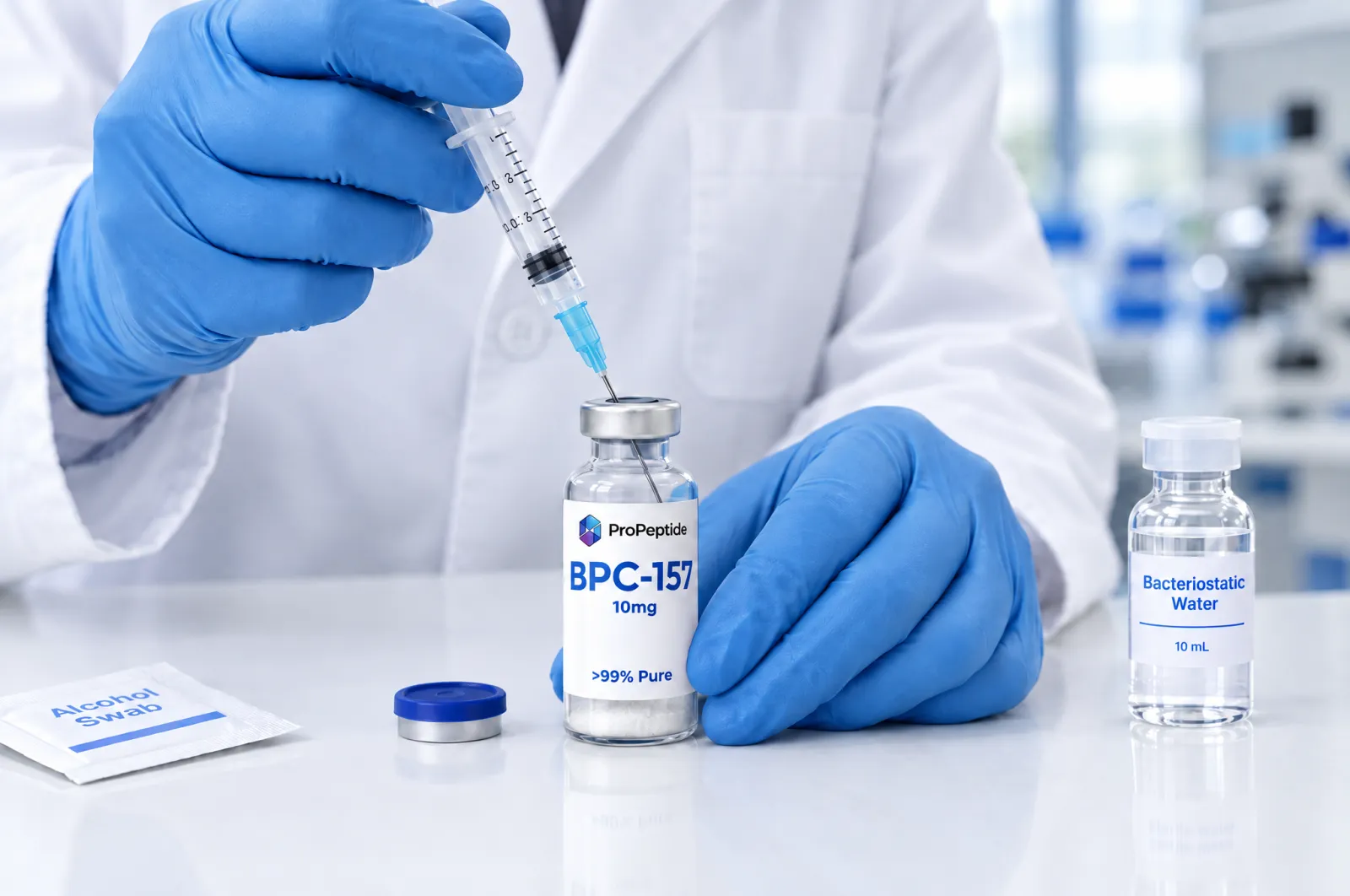 A researcher in a laboratory coat is carefully reconstituting a vial of white powder using a syringe, demonstrating sterile technique. This process may involve compounds like BPC 157, known for its therapeutic potential in tissue repair and promoting angiogenesis.