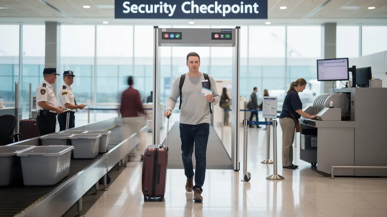 A traveler is seen passing through an airport security checkpoint, carrying luggage and important documents, highlighting the regulatory frameworks that govern the import of controlled medicines and ensuring public health safety. The scene emphasizes the importance of adhering to regulations for medical products intended for personal use and therapeutic purposes.
