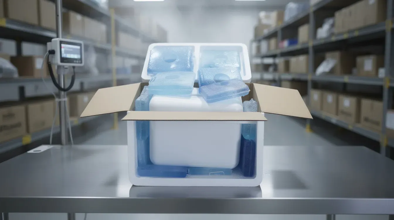 The image shows an insulated shipping box being opened in a temperature-controlled warehouse, with gel ice packs visible inside, indicating preparation for shipping temperature-sensitive items. This setting is essential for maintaining the integrity of products related to weight management and metabolic health, such as retatrutide in Dubai, which targets insulin sensitivity and supports fat metabolism.