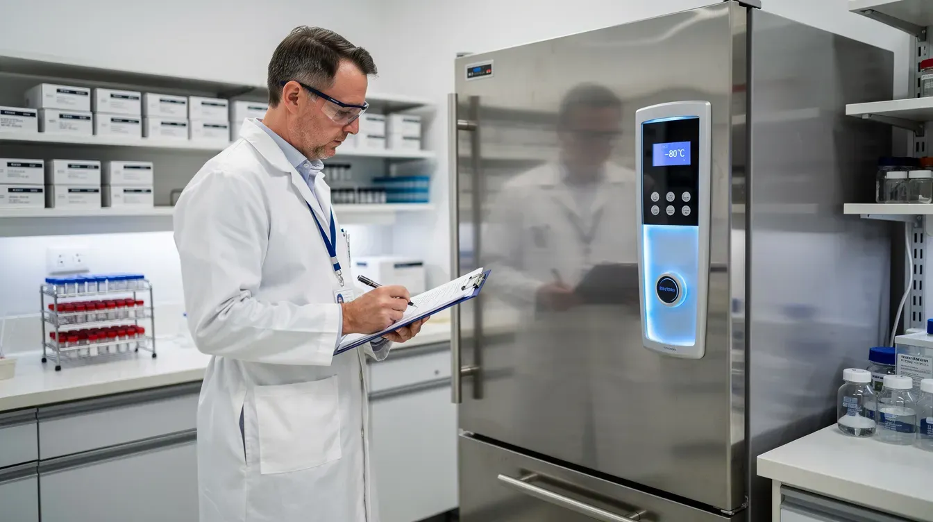 A researcher in a lab coat is reviewing documents beside a temperature-controlled peptide storage refrigerator, which is essential for maintaining the stability of substances used in peptide therapy. This scene reflects ongoing research in metabolic health and weight management, particularly focusing on innovative treatments like retatrutide, aimed at improving insulin sensitivity and supporting fat metabolism.