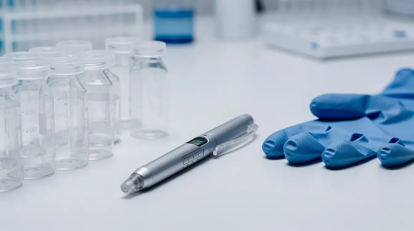 The image shows a close-up of laboratory vials and a pre-filled injection pen resting on a clean lab bench, accompanied by a pair of blue gloves. This setting suggests a focus on medical treatments related to weight management and metabolic health, potentially involving peptide therapy and ongoing research into medications like retatrutide.